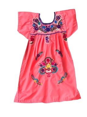 Girls Mexican Embroidered Dress Coral Pink Fiesta Size 4/5
